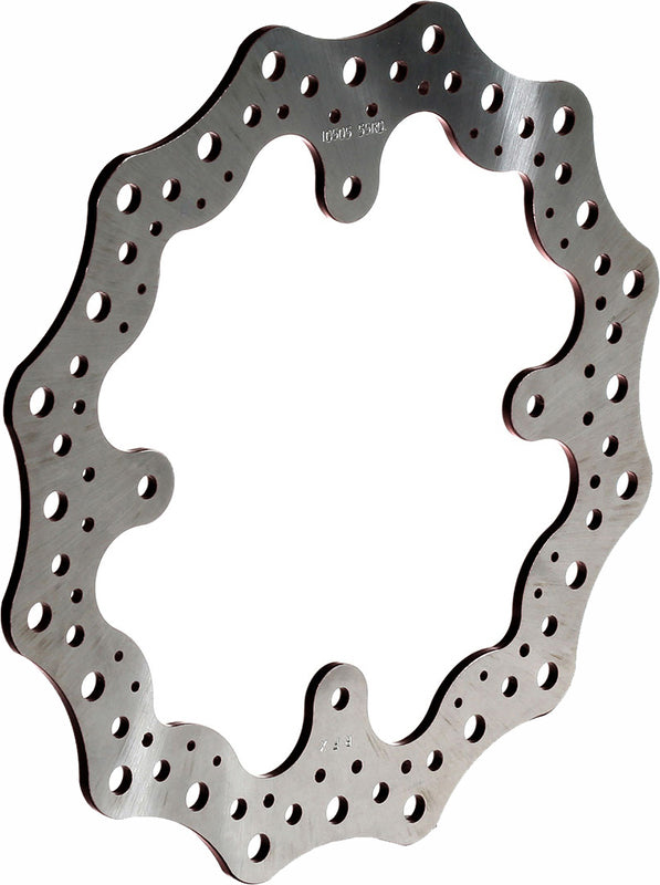 Wave-style motorcycle brake rotor disc with contoured edge and ventilation holes