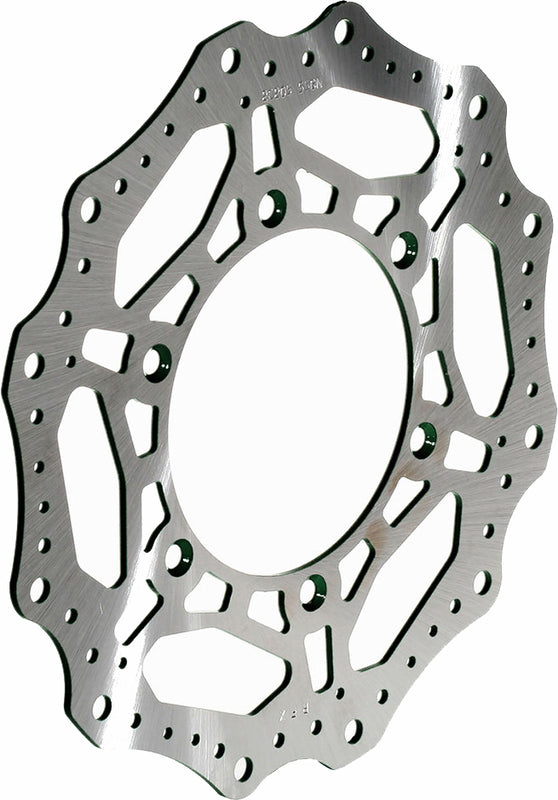 Wave-style motorcycle brake rotor disc with contoured edge and ventilation holes