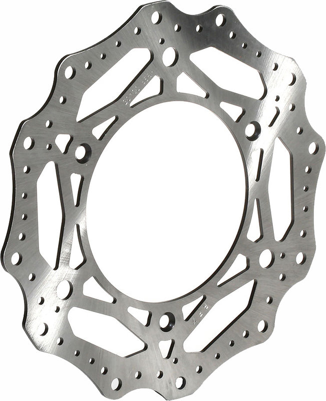 Wave-style motorcycle brake rotor disc with contoured edge and ventilation holes
