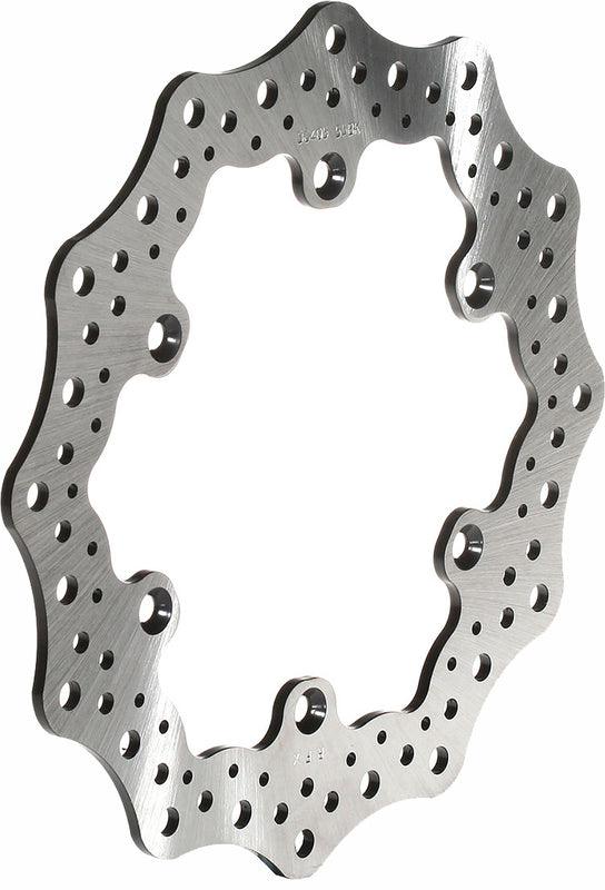 Wave-style motorcycle brake rotor disc with contoured edge and ventilation holes