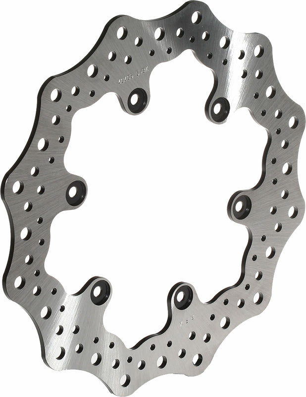 Wave-style motorcycle brake rotor disc with contoured edge and ventilation holes