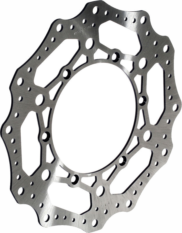 Wave-style motorcycle brake rotor disc with contoured edge and ventilation holes