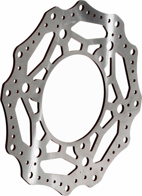 Wave-style motorcycle brake rotor disc with contoured edge and ventilation holes