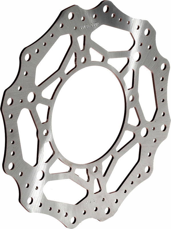 Wave-style motorcycle brake rotor disc with contoured edge and ventilation holes