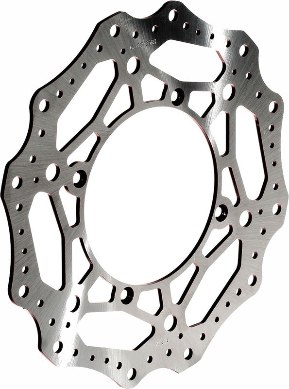 Wave-style motorcycle brake rotor disc with contoured edge and ventilation holes