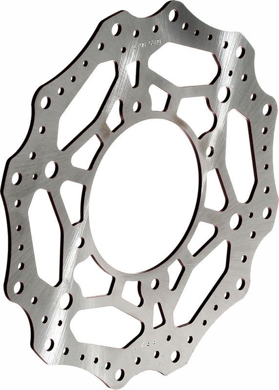 Wave-style motorcycle brake rotor disc with contoured edge and ventilation holes