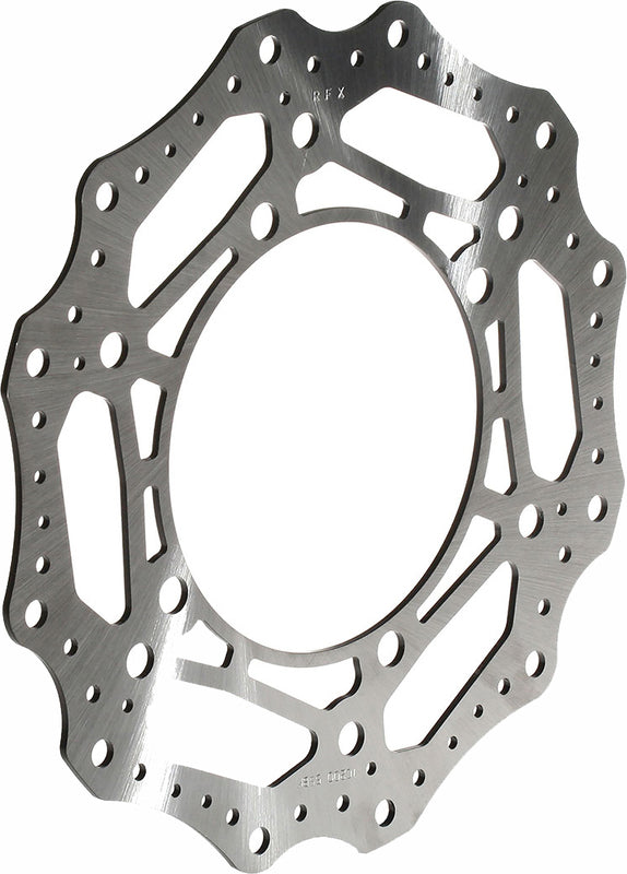 Wave-style motorcycle brake rotor disc with contoured edge and ventilation holes