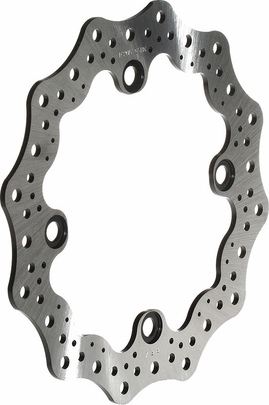 Wave-style motorcycle brake rotor disc with contoured edge and ventilation holes