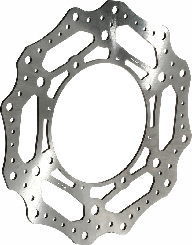 Wave-style motorcycle brake rotor disc with contoured edge and ventilation holes