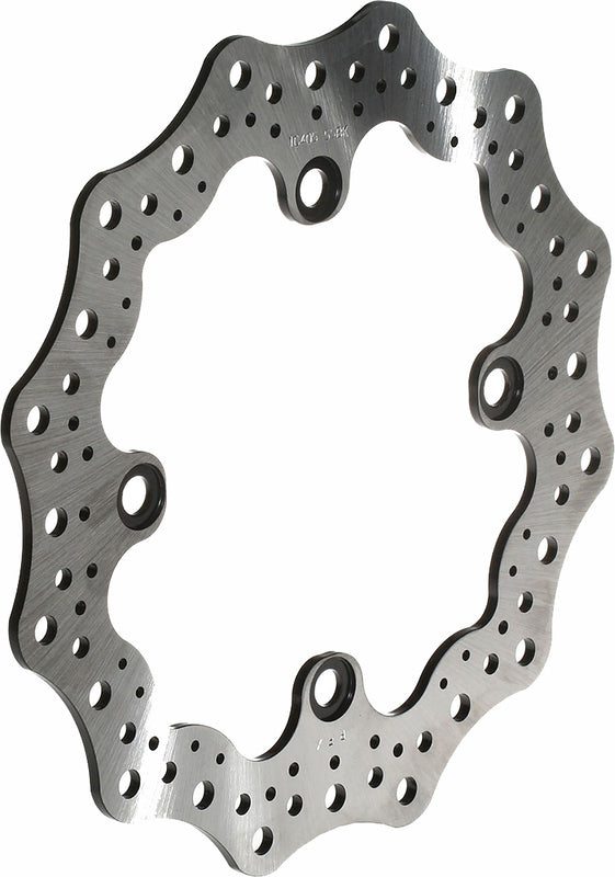 Wave-style motorcycle brake rotor disc with contoured edge and ventilation holes