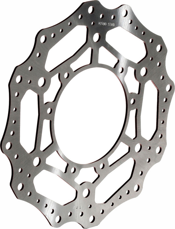 Wave-style motorcycle brake rotor disc with contoured edge and ventilation holes