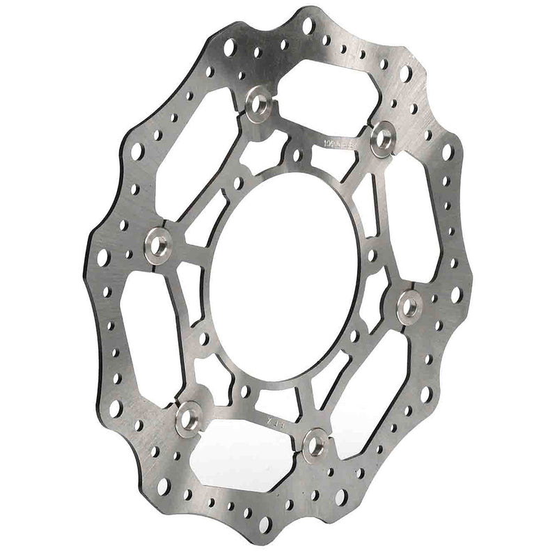 Wave-style motorcycle brake rotor disc with contoured edge and ventilation holes