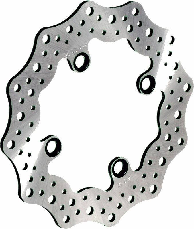 Wave-style motorcycle brake rotor disc with contoured edge and ventilation holes