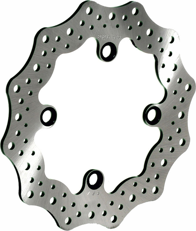 Wave-style motorcycle brake rotor disc with contoured edge and ventilation holes