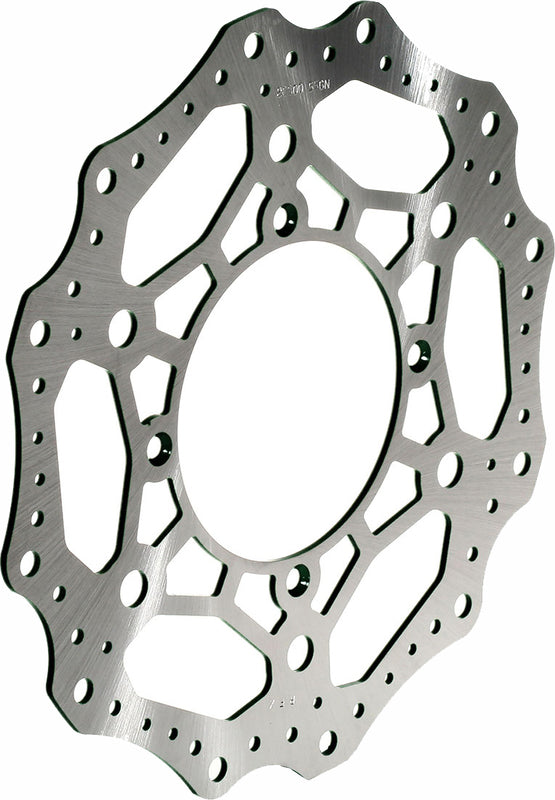 Wave-style motorcycle brake rotor disc with contoured edge and ventilation holes