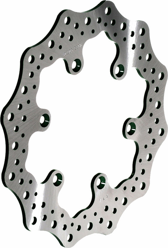 Wave-style motorcycle brake rotor disc with contoured edge and ventilation holes