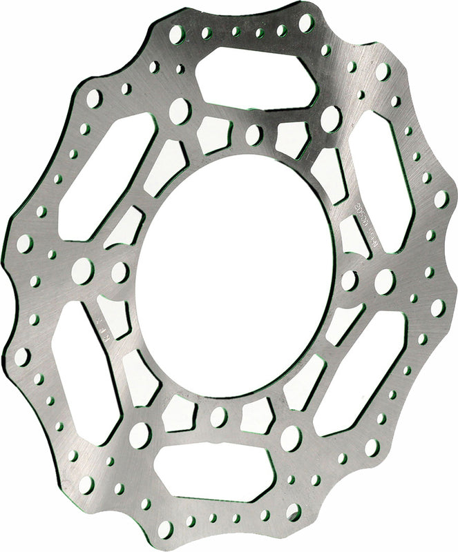 Wave-style motorcycle brake rotor disc with contoured edge and ventilation holes
