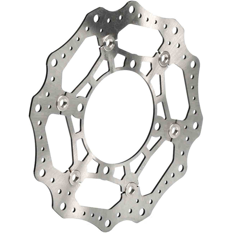 Wave-style motorcycle brake rotor disc with contoured edge and ventilation holes