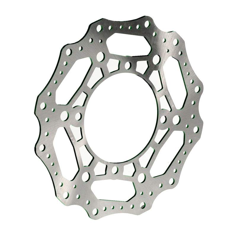 Wave-style motorcycle brake rotor disc with contoured edge and ventilation holes