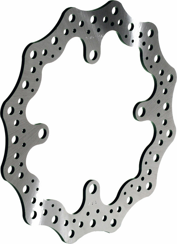 Wave-style motorcycle brake rotor disc with contoured edge and ventilation holes