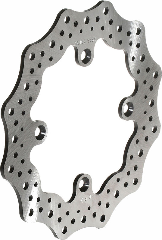 Wave-style motorcycle brake rotor disc with contoured edge and ventilation holes