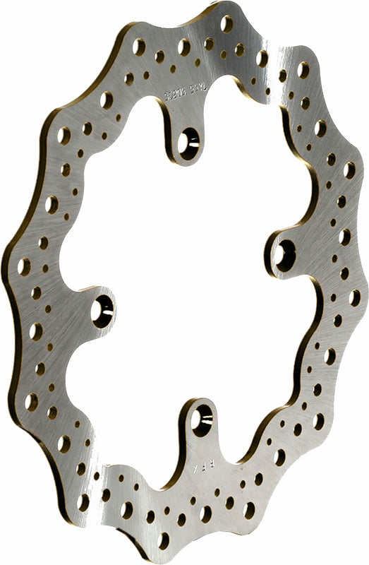 Wave-style motorcycle brake rotor disc with contoured edge and ventilation holes
