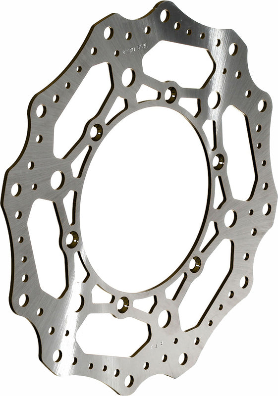 Wave-style motorcycle brake rotor disc with contoured edge and ventilation holes