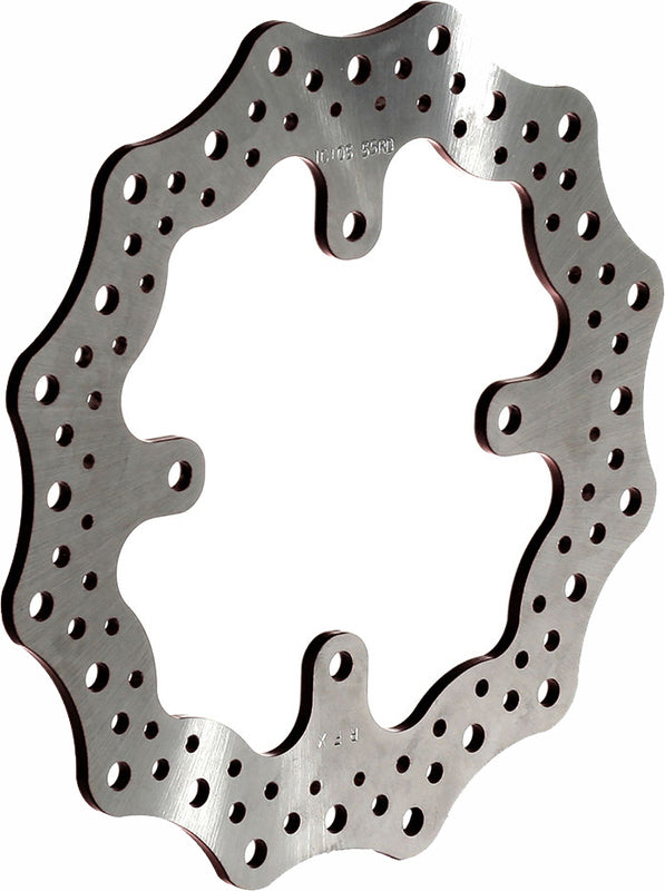 Wave-style motorcycle brake rotor disc with contoured edge and ventilation holes