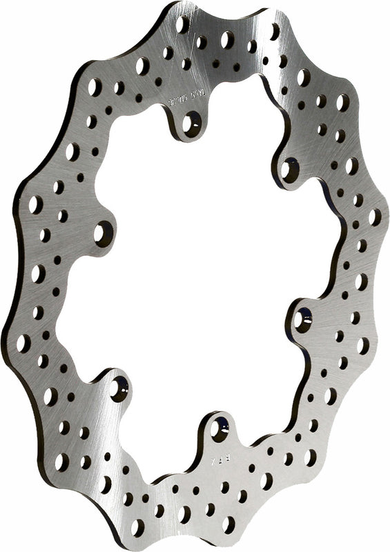 Wave-style motorcycle brake rotor disc with contoured edge and ventilation holes