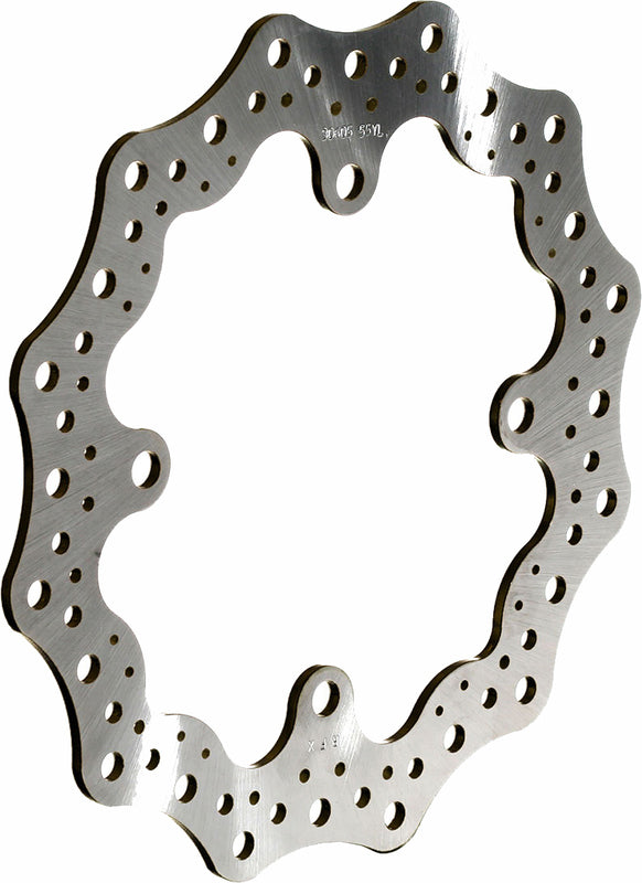 Wave-style motorcycle brake rotor disc with contoured edge and ventilation holes