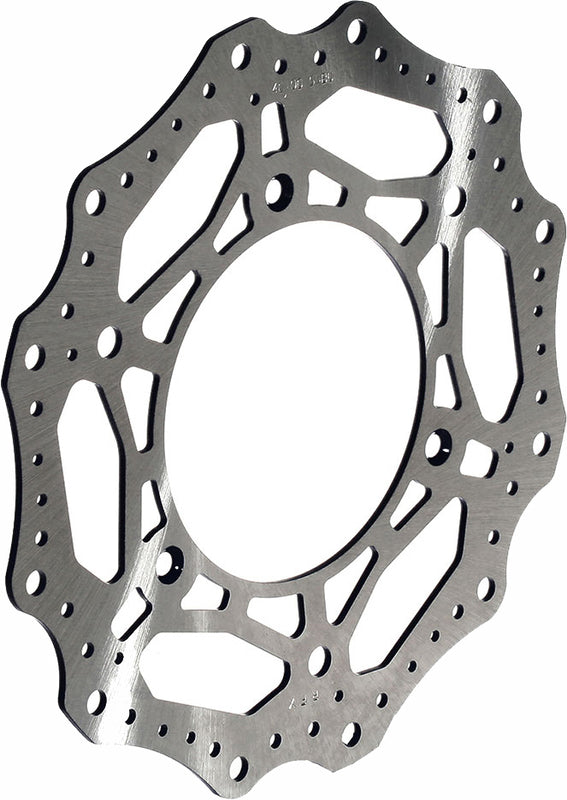 Wave-style motorcycle brake rotor disc with contoured edge and ventilation holes