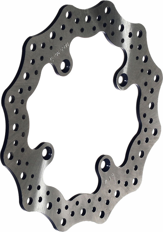 Wave-style motorcycle brake rotor disc with contoured edge and ventilation holes