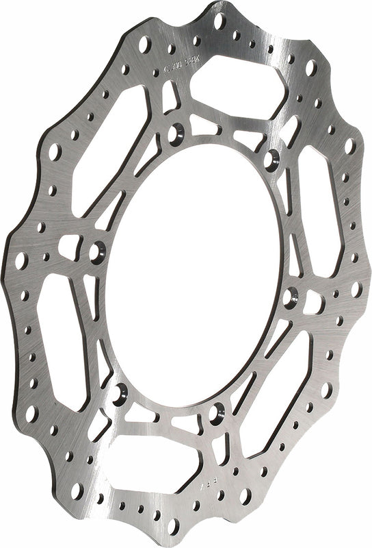 Wave-style motorcycle brake rotor disc with contoured edge and ventilation holes