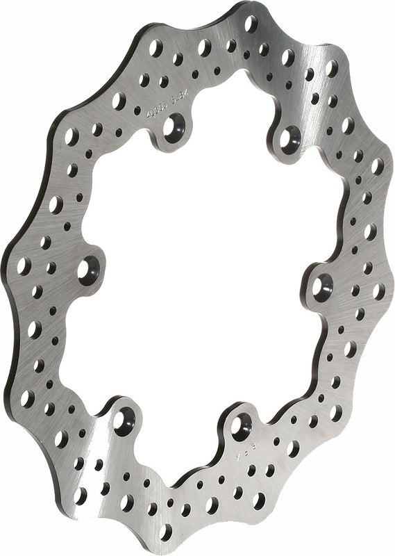Wave-style motorcycle brake rotor disc with contoured edge and ventilation holes