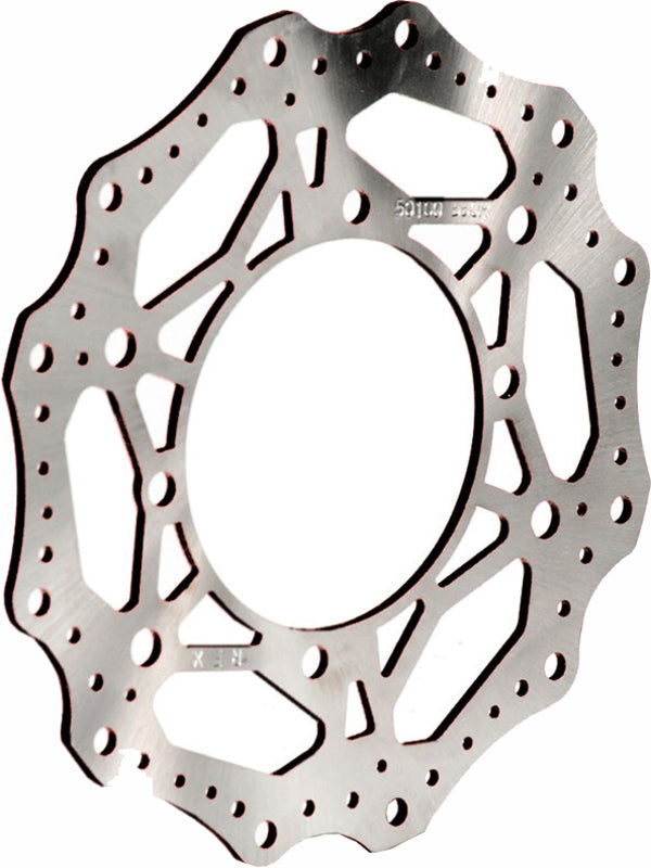 Wave-style motorcycle brake rotor disc with contoured edge and ventilation holes