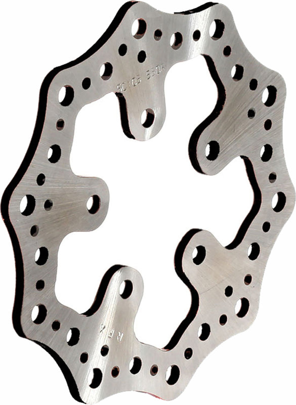 Wave-style motorcycle brake rotor disc with contoured edge and ventilation holes