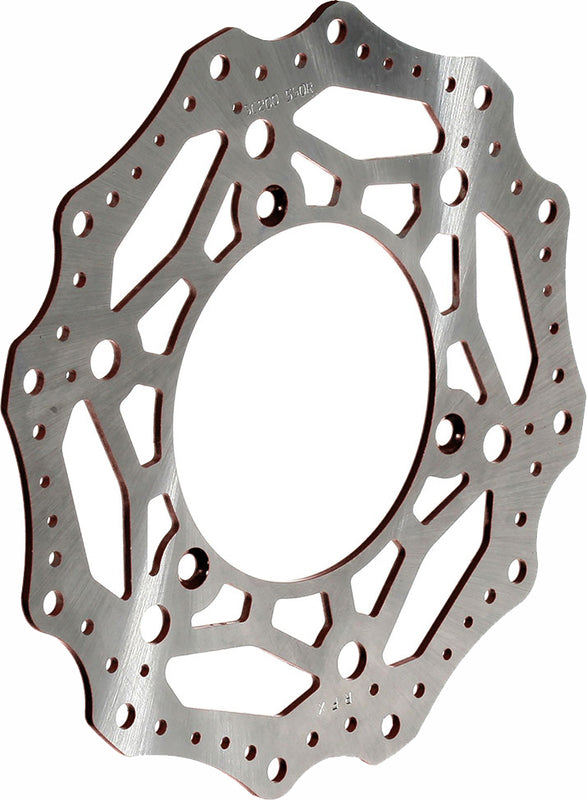 Wave-style motorcycle brake rotor disc with contoured edge and ventilation holes