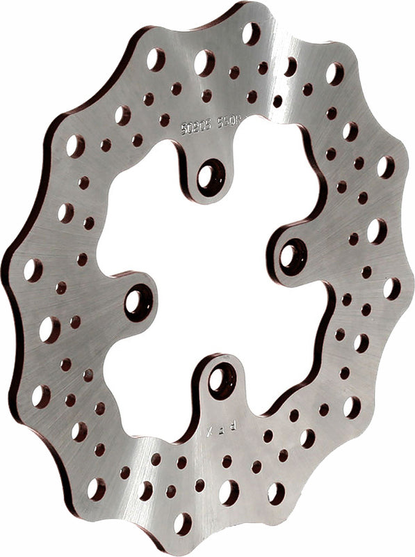 Wave-style motorcycle brake rotor disc with contoured edge and ventilation holes