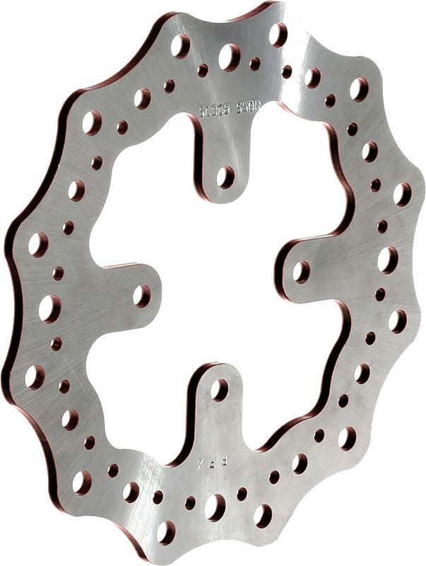 Wave-style motorcycle brake rotor disc with contoured edge and ventilation holes
