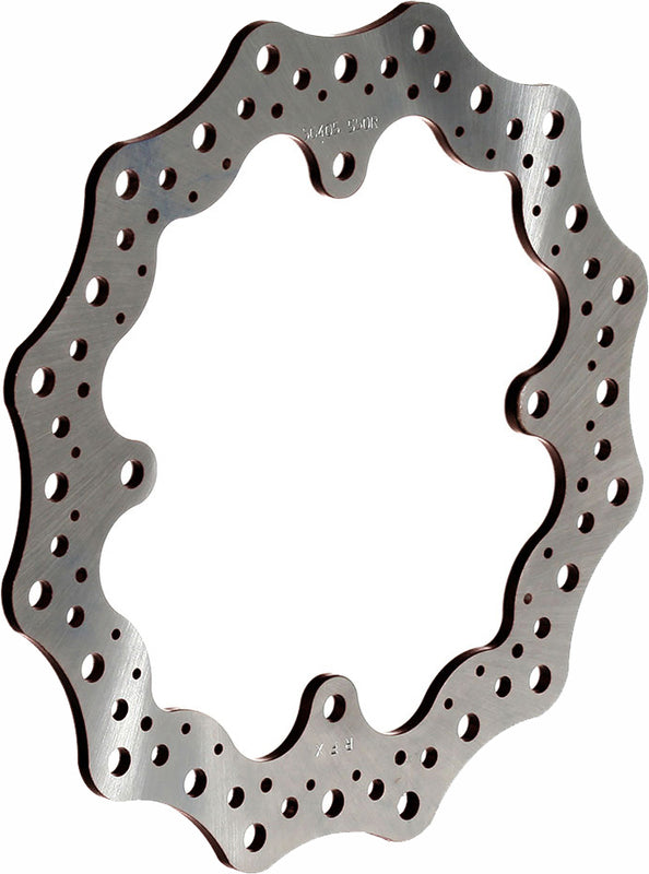 Wave-style motorcycle brake rotor disc with contoured edge and ventilation holes