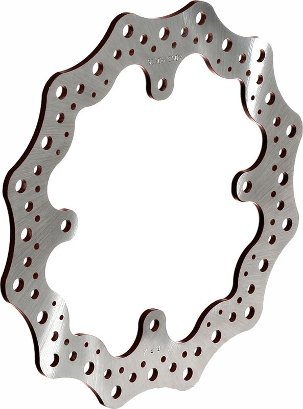 Wave-style motorcycle brake rotor disc with contoured edge and ventilation holes