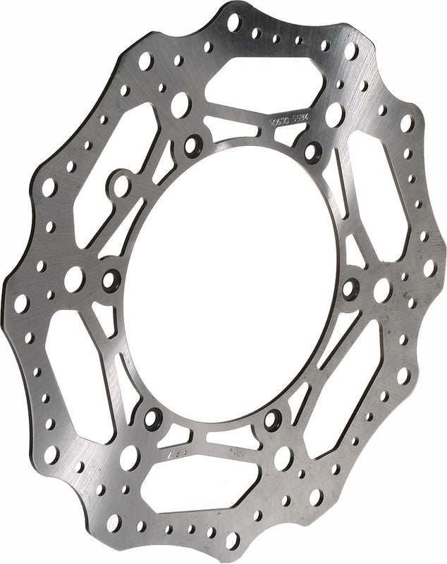 Wave-style motorcycle brake rotor disc with contoured edge and ventilation holes