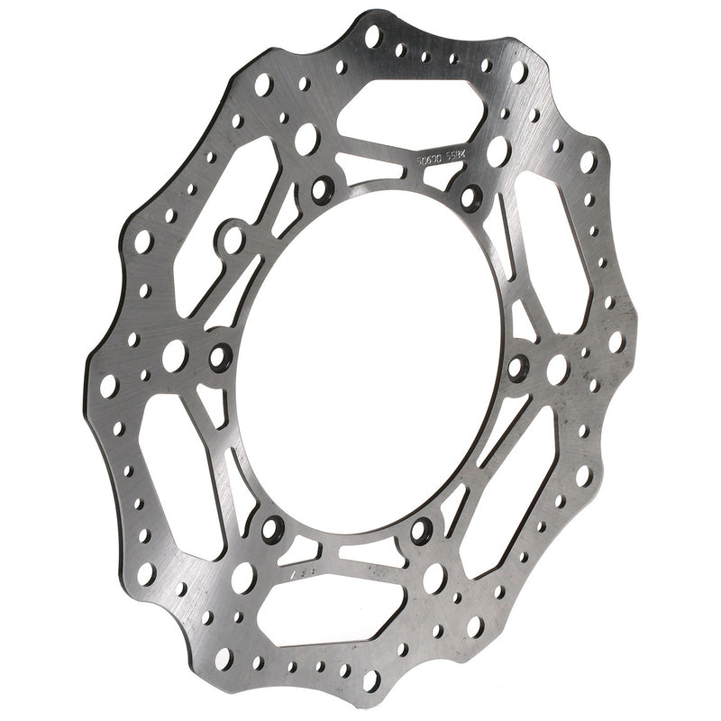 Wave-style motorcycle brake rotor disc with contoured edge and ventilation holes