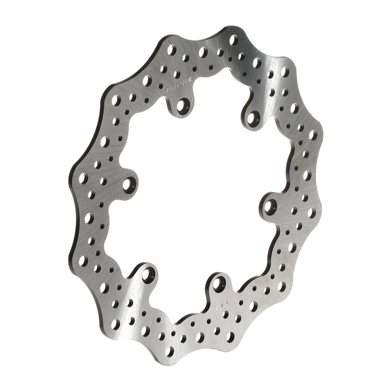 Wave-style motorcycle brake rotor disc with contoured edge and ventilation holes