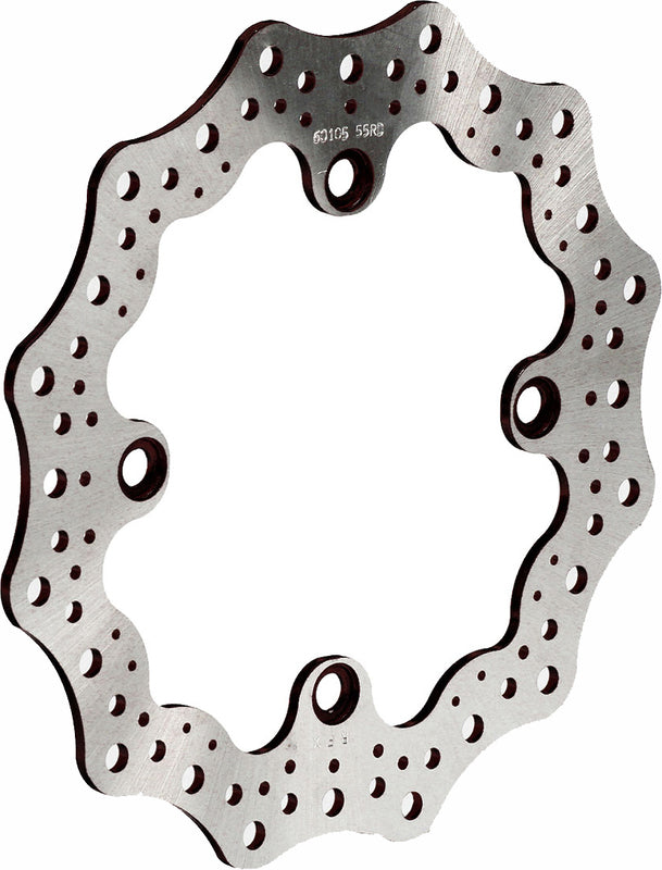 Wave-style motorcycle brake rotor disc with contoured edge and ventilation holes