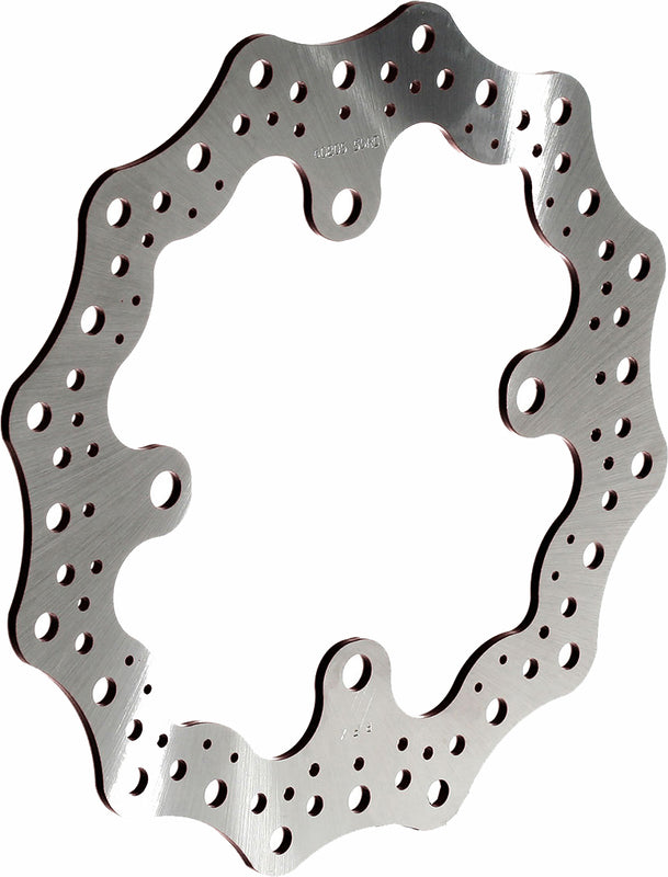 Wave-style motorcycle brake rotor disc with contoured edge and ventilation holes