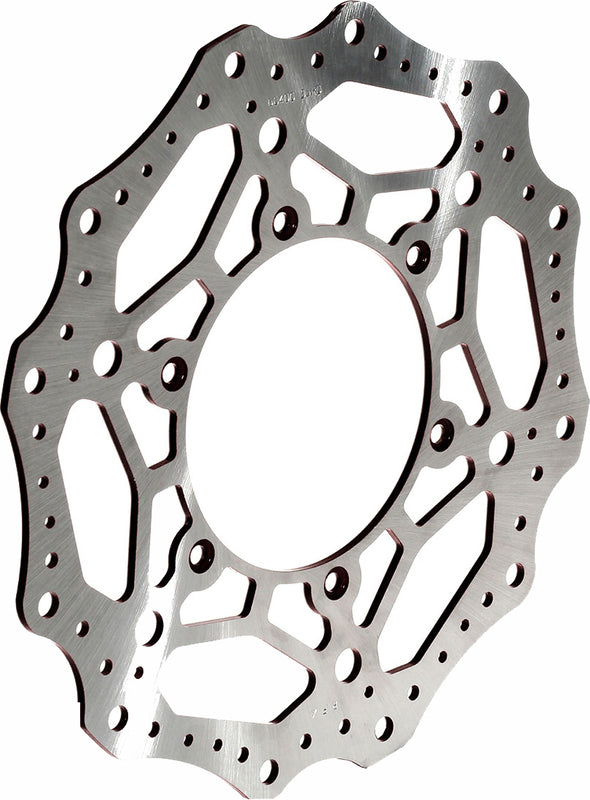 Wave-style motorcycle brake rotor disc with contoured edge and ventilation holes